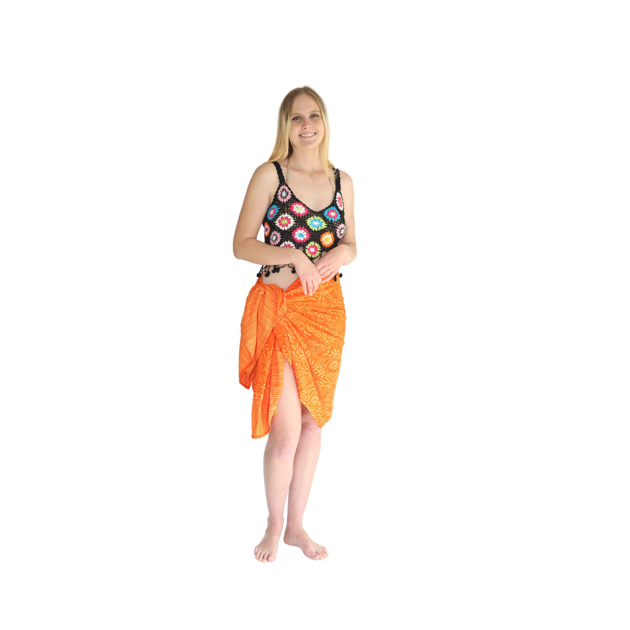 Noosa Sarongs Boho crochet halter bikini top black with coloured circles front view