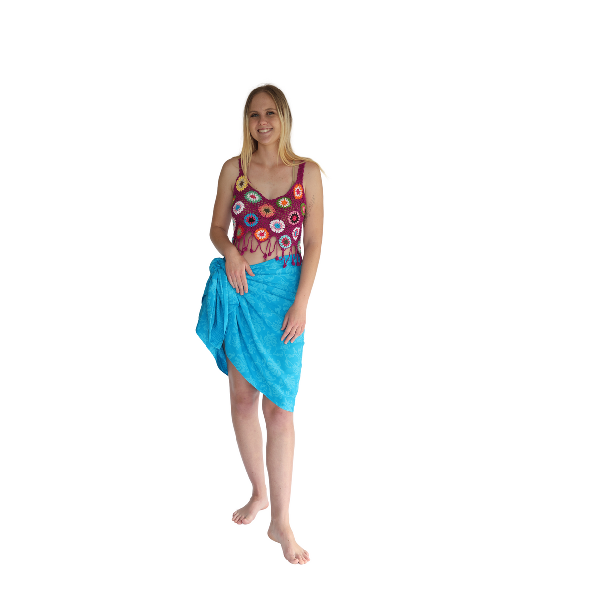 Noosa Sarongs Boho crochet halter bikini top fuchsia with coloured circles front view