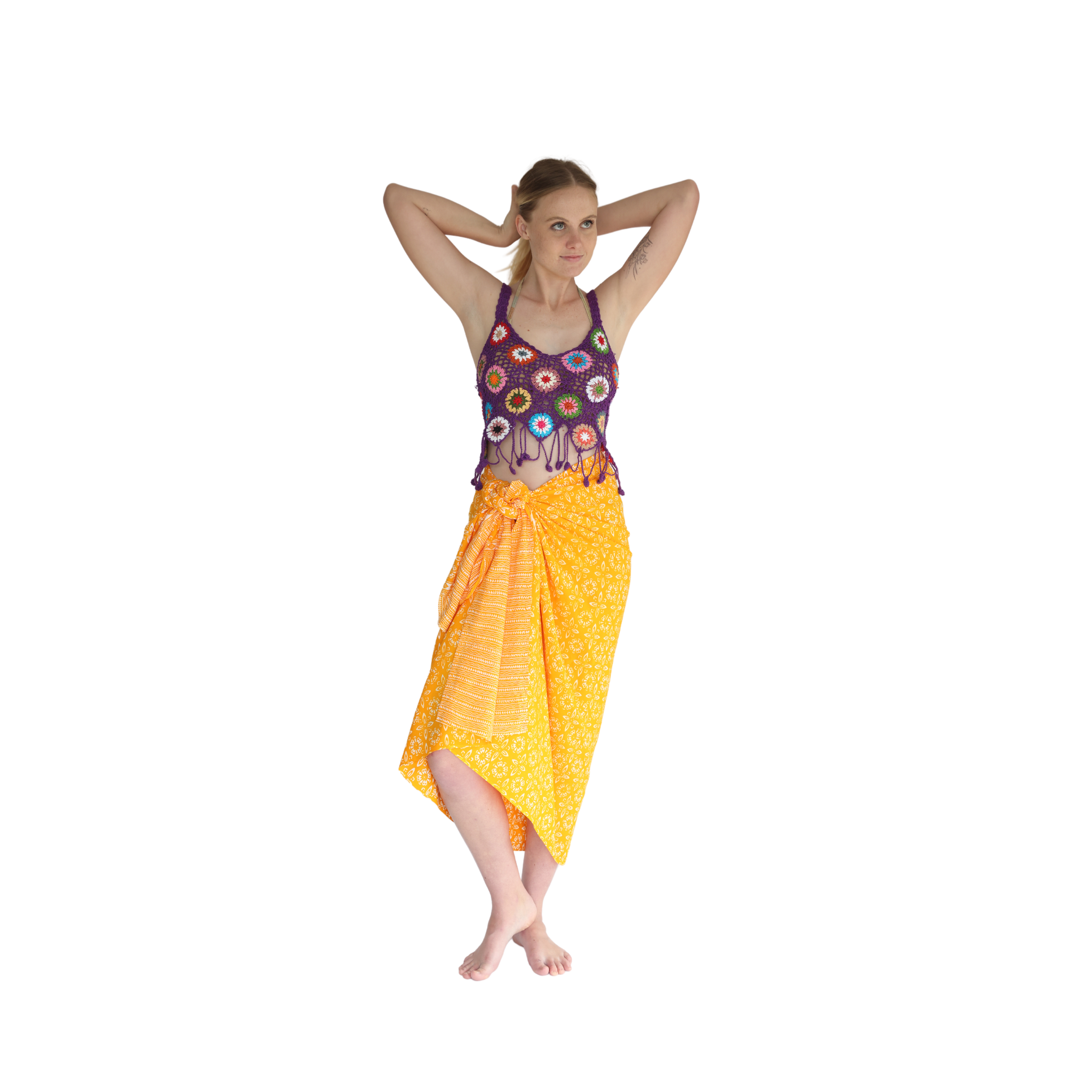 Noosa Sarongs Boho crochet halter bikini top purple with coloured circles front view