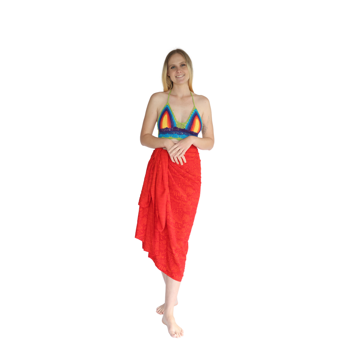 Noosa Sarongs Rainbow crochet halter bikini top-green front view
