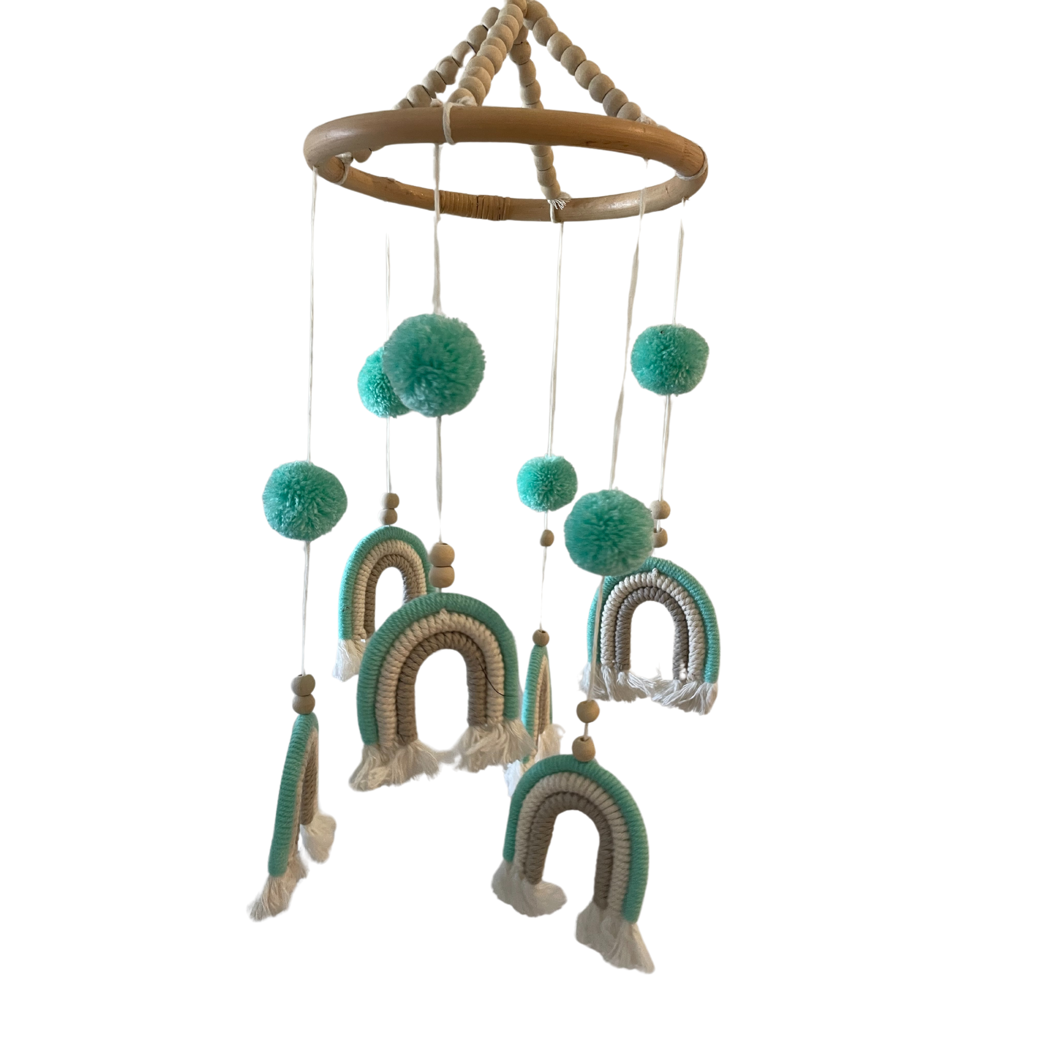 Noosa Sarongs Hanging mobile rainbow design blue and pom poms
